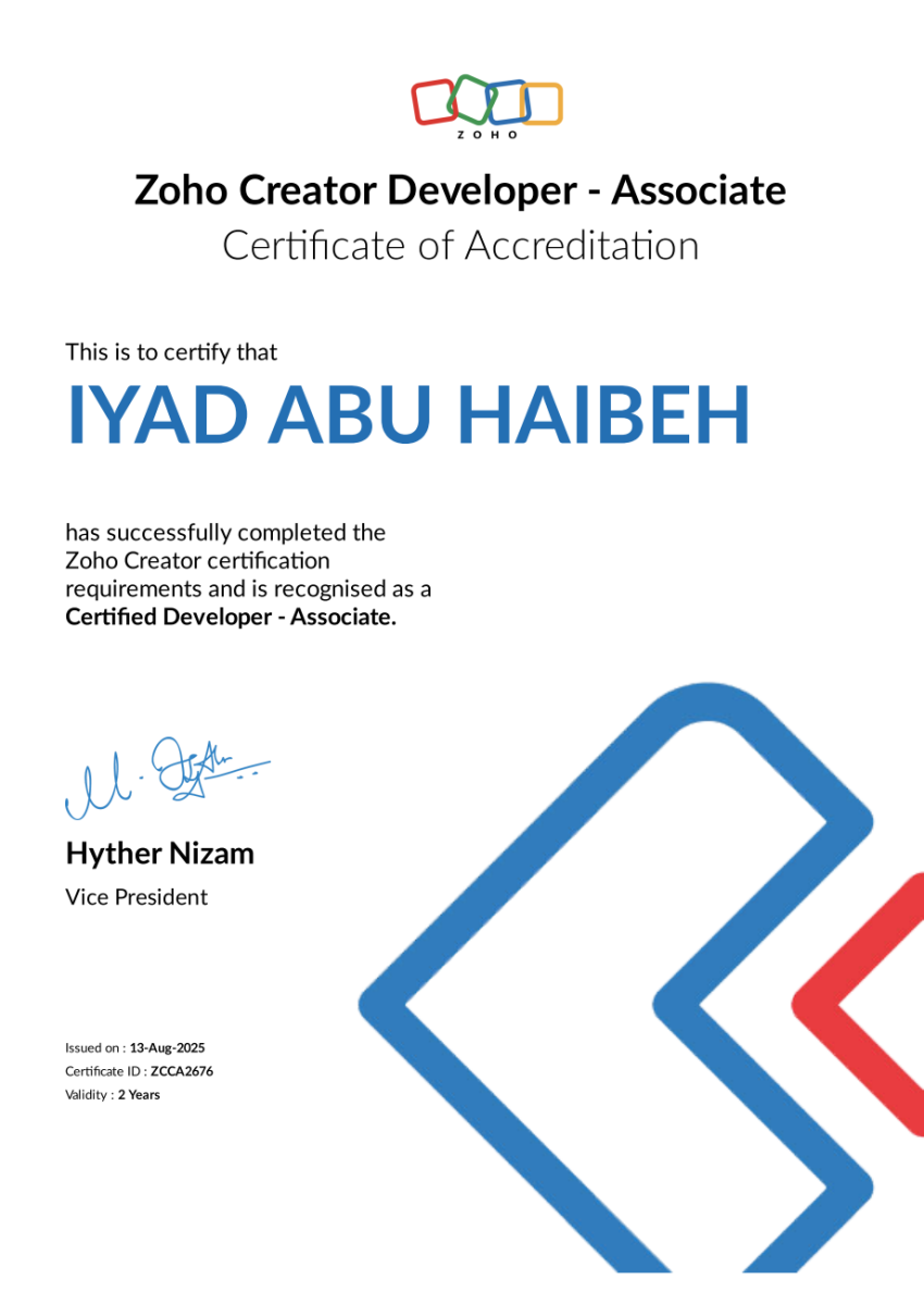 شهادة اعتماد Zoho Creator Developer – Associate